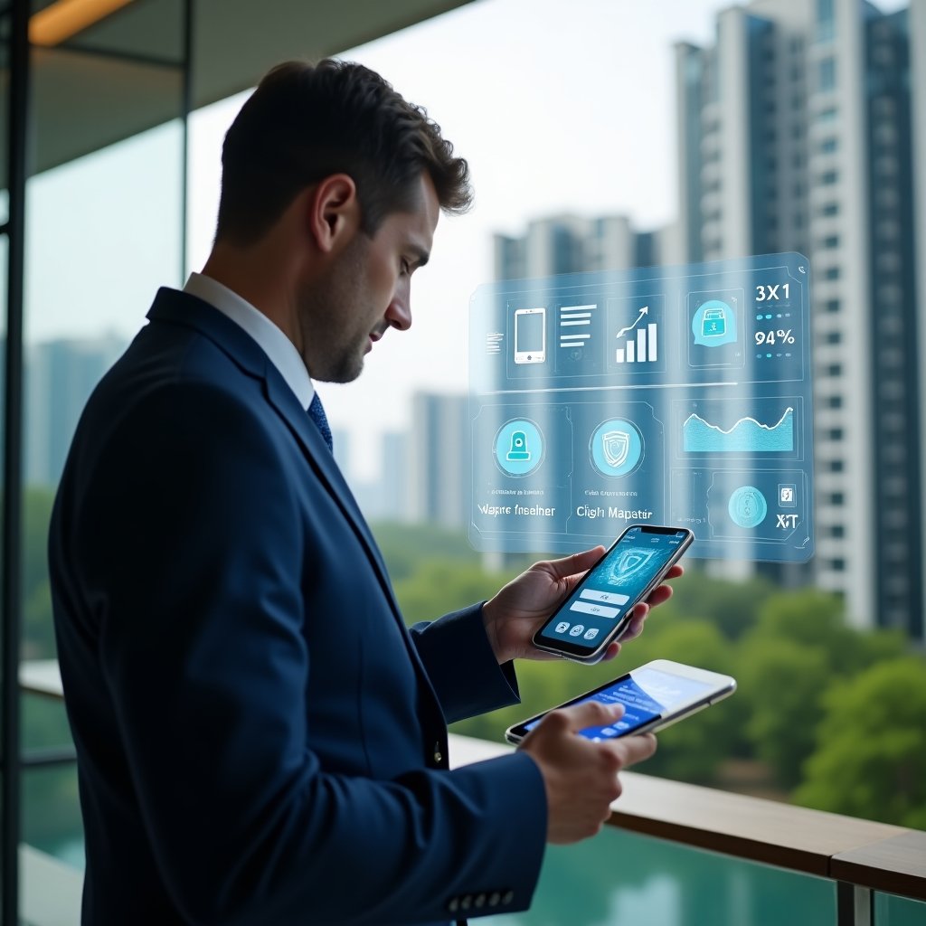 (Ultra-realistic condominium manager in a navy blue tailored suit, set in a modern luxury condominium environment with high-rise buildings and lush green landscaping, examining a floating holographic dashboard displaying communication alerts, financial charts, and security icons, holding a tablet showing a condo management app interface, cinematic lighting, shallow depth of field, highly detailed textures, realistic skin, photographic realism, 8k resolution --ar 1:1 --v 6)