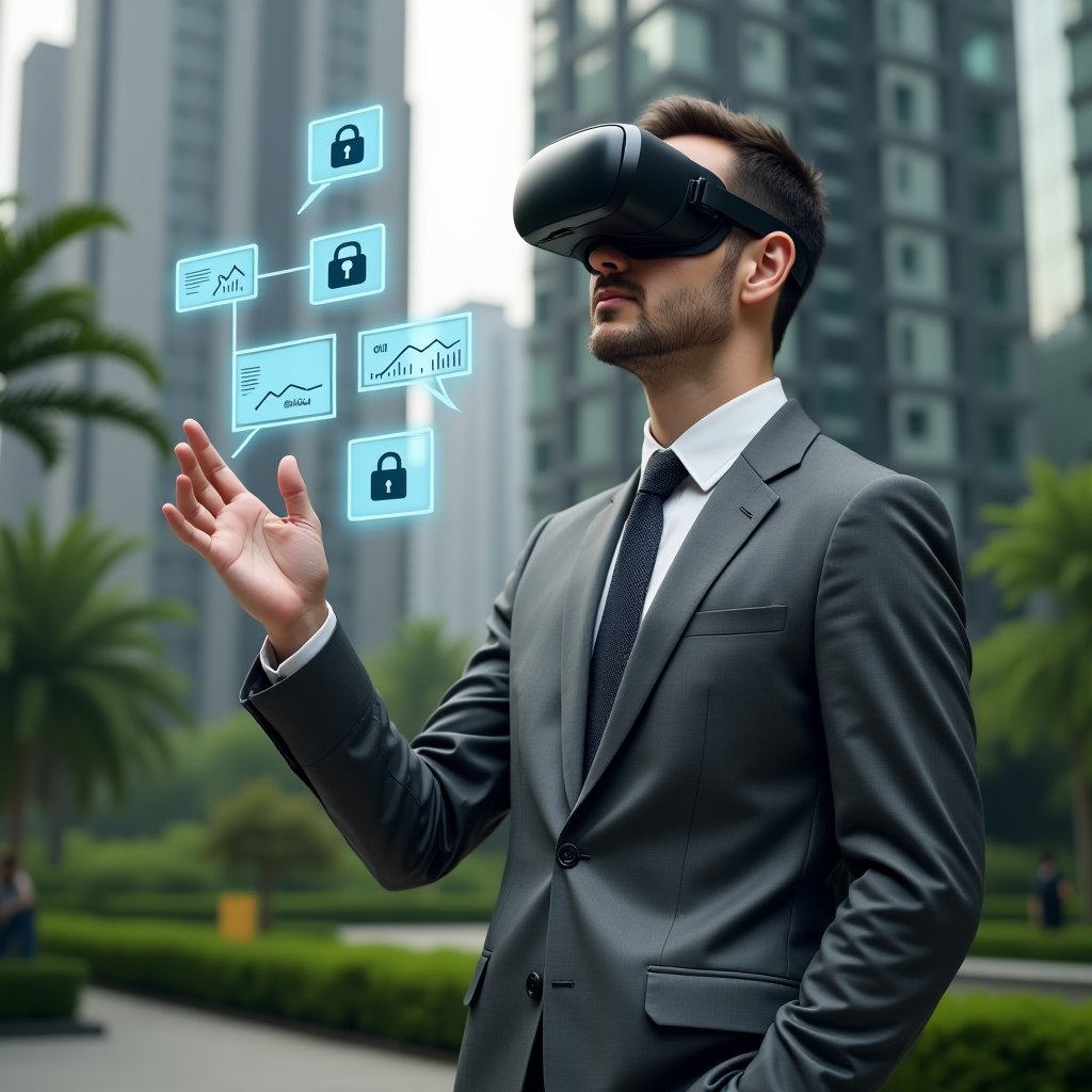 (Ultra-realistic condominium manager in a charcoal gray suit, set in a modern luxury condominium environment with high-rise buildings and lush green landscaping, close-up of a confident professional interacting with floating holographic icons of chat bubbles, financial charts, padlock and document symbols to illustrate communication, finance and security, cinematic lighting, shallow depth of field, highly detailed textures, realistic skin, photographic realism, 8k resolution --ar 1:1 --v 6)