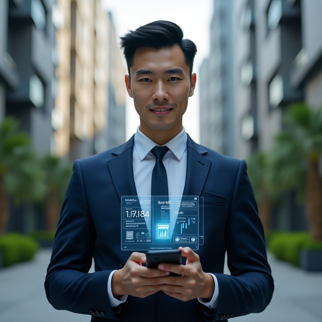 Ultra-realistic condominium manager in a dark blue tailored suit, set in a modern luxury condominium environment with high-rise buildings and green landscaping, holding a smartphone displaying a holographic property management app interface with financial charts, chat notifications and reservation calendar icons, confident expression, cinematic lighting, shallow depth of field, highly detailed textures, realistic skin, photographic realism, 8k resolution --ar 1:1 --v 6