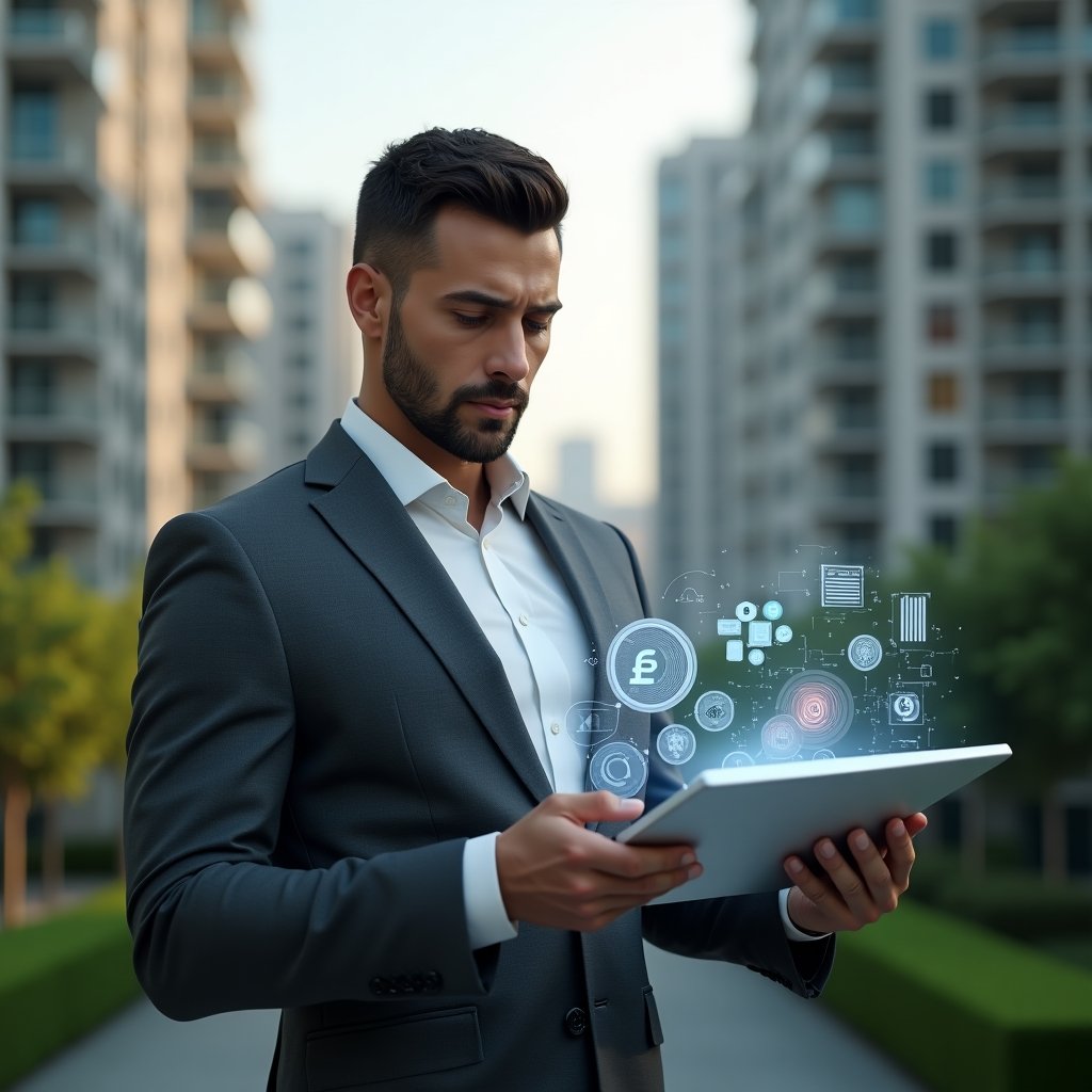 Ultra-realistic condominium manager wearing a charcoal gray suit and white shirt, set in a modern luxury condominium environment with high-rise buildings and manicured gardens in the background, medium close-up of the manager holding a sleek tablet while analyzing floating holographic graphs, icons of money, checklist and chat bubbles orbiting the screen, serious and confident expression, cinematic lighting, shallow depth of field, highly detailed textures, realistic skin, photographic realism, 8k resolution --ar 1:1 --v 6