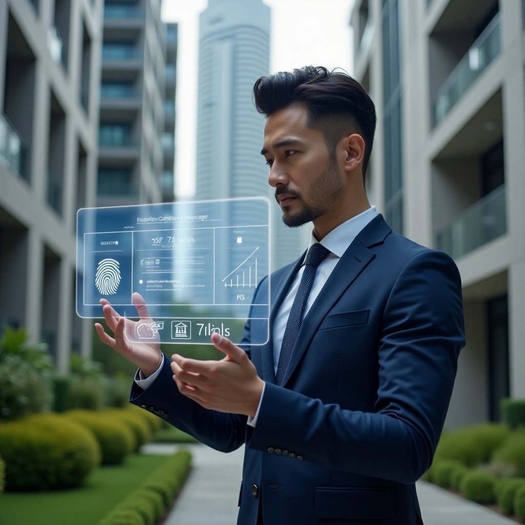 (Ultra-realistic condominium manager in a tailored navy-blue suit, set in a modern luxury condominium environment with high-rise buildings and well-manicured green landscaping, confidently interacting with a holographic interface displaying IoT sensors, biometric fingerprint icons, energy-efficiency graphs and smart home symbols, cinematic lighting, shallow depth of field, highly detailed textures, realistic skin, photographic realism, 8k resolution --ar 1:1 --v 6)