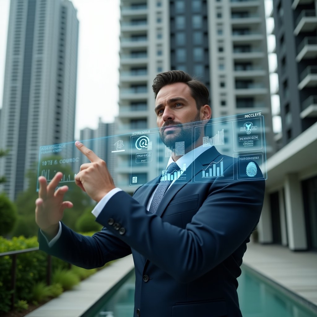 Ultra-realistic condominium property manager in a tailored dark blue suit, set in a modern luxury condominium environment with high-rise buildings and manicured green landscaping, pointing confidently at a holographic dashboard displaying IoT sensor data, energy consumption graphs, biometric fingerprint icons and solar panel symbols, cinematic lighting, shallow depth of field, highly detailed textures, realistic skin, photographic realism, 8k resolution --ar 1:1 --v 6