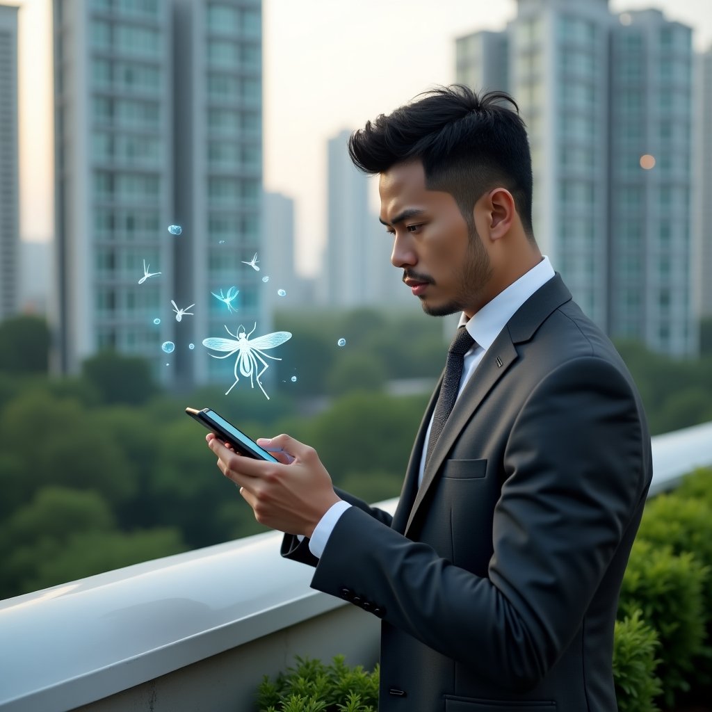 (Ultra-realistic condominium manager in a dark gray tailored suit, set in a modern luxury condominium environment with high-rise buildings and lush green landscaping, examining a rooftop water tank while holding a smartphone displaying a mosquito prevention app hologram, floating mosquito icon and water-drop symbols around, confident and focused expression, cinematic lighting, shallow depth of field, highly detailed textures, realistic skin, photographic realism, 8k resolution --ar 1:1 --v 6)