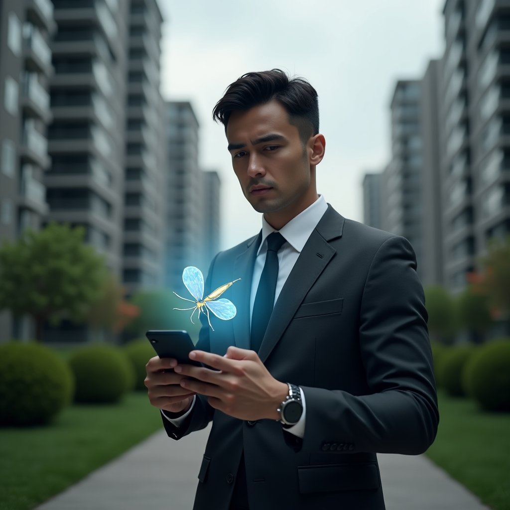 (Ultra-realistic property manager in a dark grey suit, set in a modern luxury condominium environment with high-rise buildings and manicured green landscaping, holding a smartphone projecting a holographic mosquito and water droplet icons, with a serious, focused expression, cinematic lighting, shallow depth of field, highly detailed textures, realistic skin, photographic realism, 8k resolution --ar 1:1 --v 6)