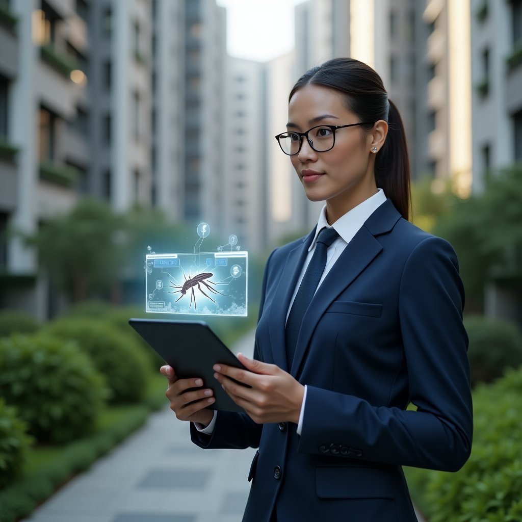 (Ultra-realistic condominium manager in a navy-blue suit, set in a modern luxury condominium environment with high-rise buildings and well-kept green landscaping, holding a tablet displaying a digital dashboard of mosquito hotspots with a holographic mosquito icon, confident and focused expression, cinematic lighting, shallow depth of field, highly detailed textures, realistic skin, photographic realism, 8k resolution --ar 1:1 --v 6)