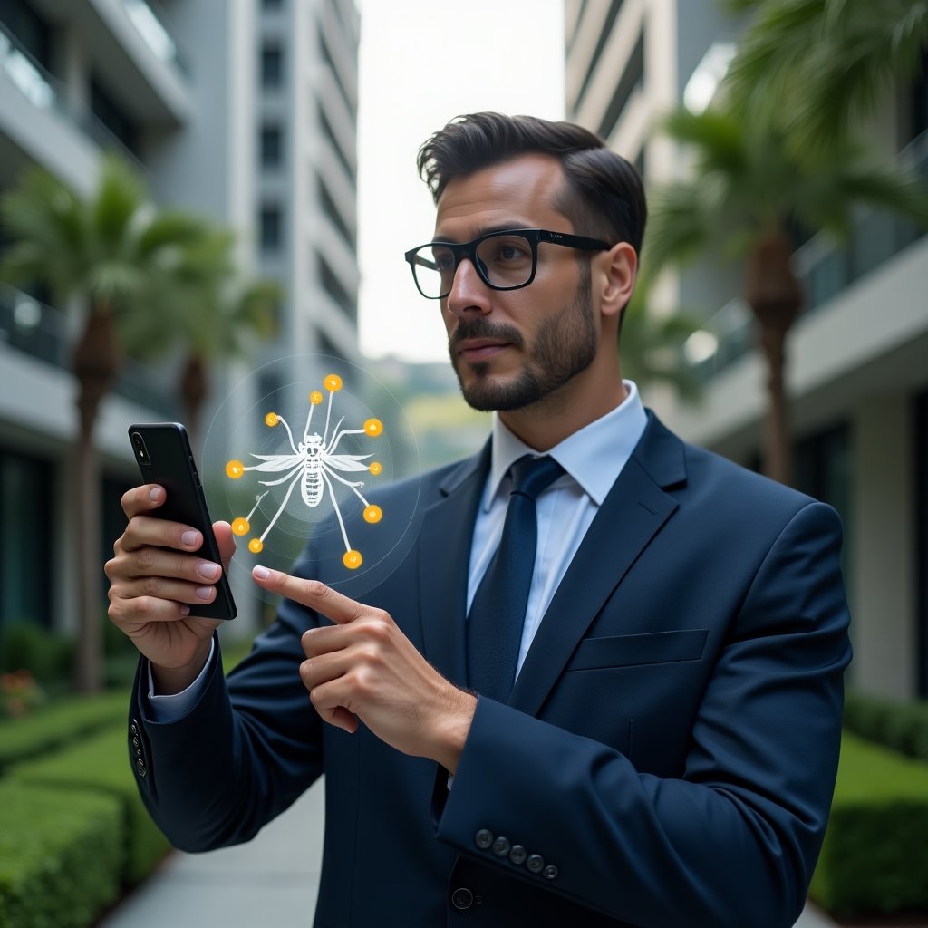 Ultra-realistic condominium manager in a navy business suit, set in a modern luxury condominium environment with high-rise buildings and manicured gardens, holding a smartphone displaying a digital map with dengue hotspot markers, pointing at a holographic mosquito icon floating beside him, confident and determined expression, cinematic lighting, shallow depth of field, highly detailed textures, realistic skin, photographic realism, 8k resolution --ar 1:1 --v 6