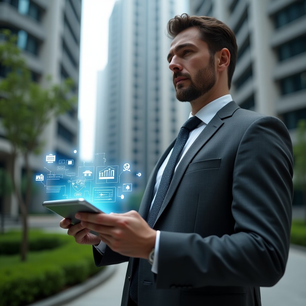 Ultra-realistic condominium manager in a charcoal gray executive suit, set in a modern luxury condominium environment with high-rise buildings and meticulously landscaped greenery, confidently holding a tablet displaying holographic building automation dashboards and energy consumption graphs, surrounded by floating icons of security cameras, elevator controls, and reservation calendars, cinematic lighting, shallow depth of field, highly detailed textures, realistic skin, photographic realism, 8k resolution --ar 1:1 --v 6