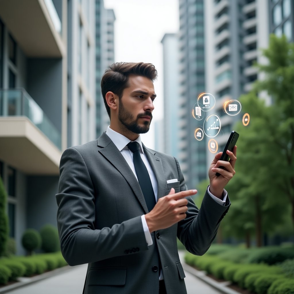 Ultra-realistic condominium manager in a charcoal gray tailored suit, set in a modern luxury condominium environment with high-rise buildings and lush green landscaping, holding a smartphone that projects holographic financial charts and digital documents, pointing at floating icons of automated billing, document cloud, and chat notifications, confident and focused expression, cinematic lighting, shallow depth of field, highly detailed textures, realistic skin, photographic realism, 8k resolution --ar 1:1 --v 6