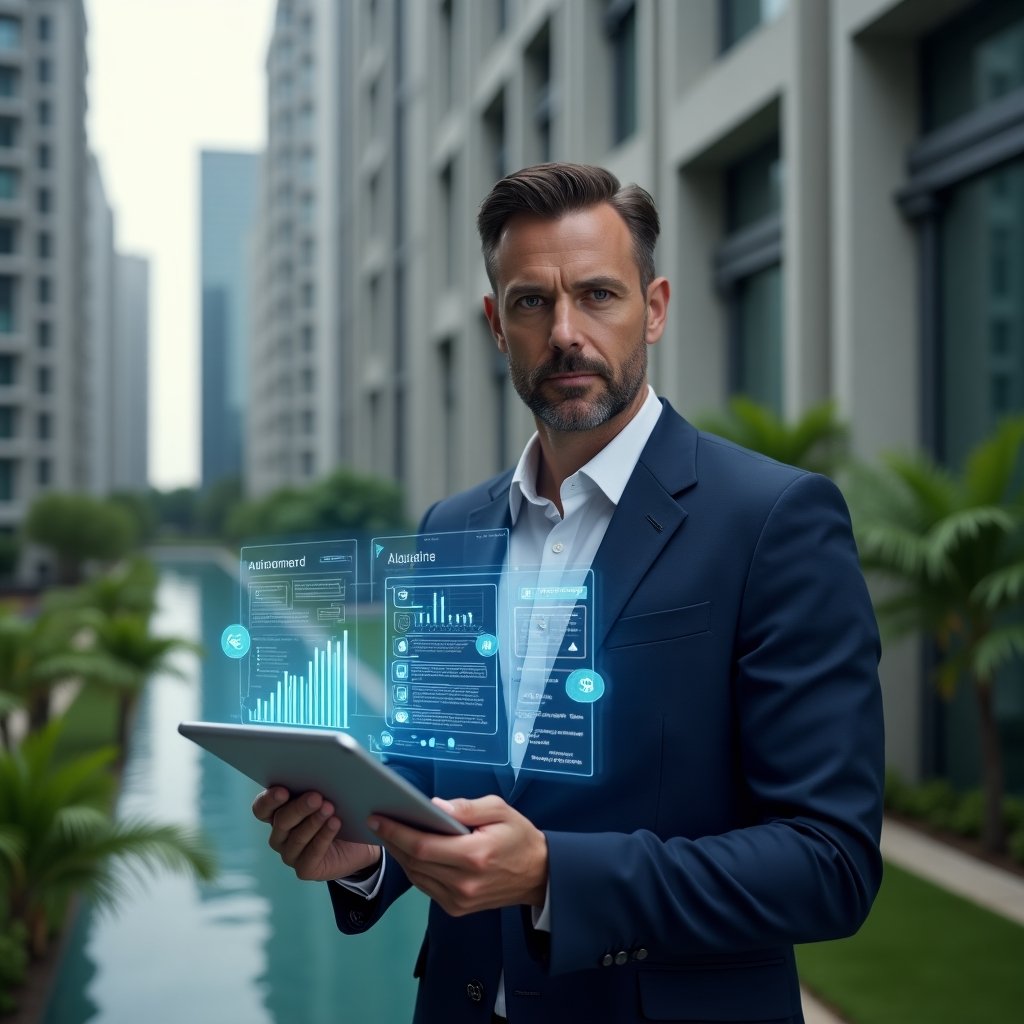 Ultra-realistic condominium manager in a navy-blue tailored business suit, set in a modern luxury condominium environment with high-rise buildings and lush green landscaping, medium shot close-up holding a transparent tablet displaying holographic graphs and digital icons for automated billing, document centralization, and real-time communication, confident and focused expression, futuristic holographic interface, cinematic lighting, shallow depth of field, highly detailed textures, realistic skin, photographic realism, 8k resolution --ar 1:1 --v 6