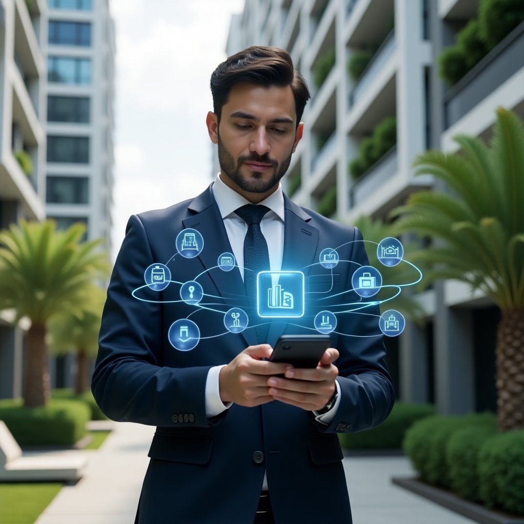 (Ultra-realistic condominium manager in a tailored navy suit, set in a modern luxury condominium environment with high-rise buildings and lush green landscaping, holding and interacting with a floating holographic interface of an apartment management app, confident and focused expression, digital icons representing automation, security and communication swirling around, cinematic lighting, shallow depth of field, highly detailed textures, realistic skin, photographic realism, 8k resolution --ar 1:1 --v 6)