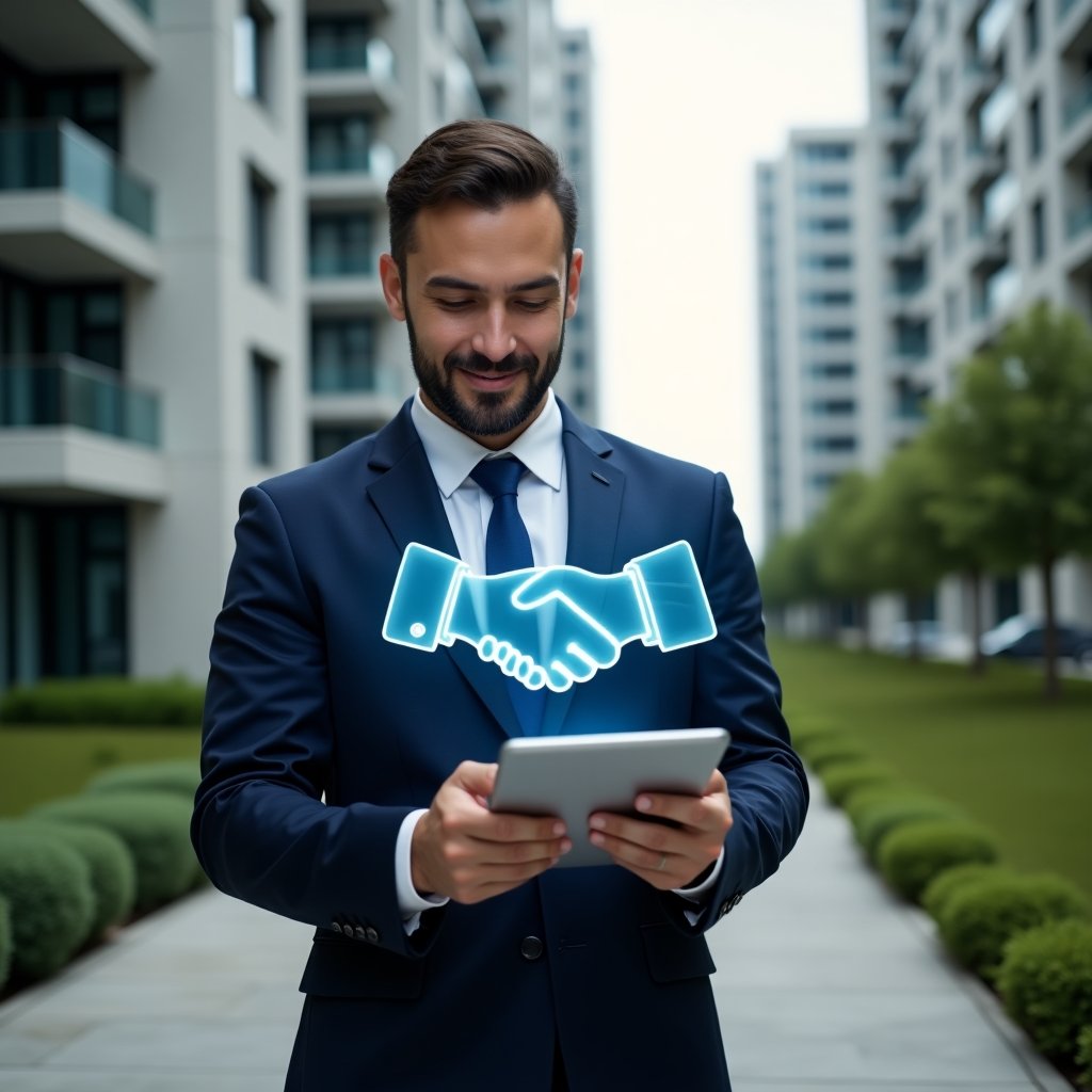 (Ultra-realistic condominium manager in a tailored navy suit, set in a modern luxury condominium environment with high-rise buildings and well-maintained green landscaping, holding a tablet projecting holographic handshake and speech bubble icons to symbolize mediation and clear communication, confident and warm expression, cinematic lighting, shallow depth of field, highly detailed textures, realistic skin, photographic realism, 8k resolution --ar 1:1 --v 6)
