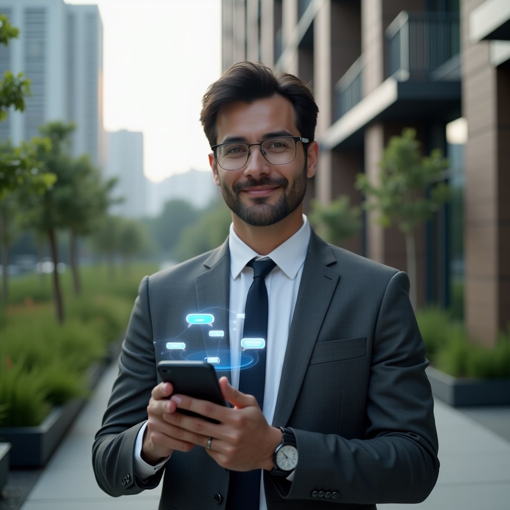 (Ultra-realistic condominium manager in a tailored charcoal business suit, set in a modern luxury condominium environment with high-rise buildings and lush green landscaping, mid-shot close-up, confidently holding a smartphone displaying a holographic community app icon and chat bubbles symbolizing collaboration, cinematic lighting, shallow depth of field, highly detailed textures, realistic skin, photographic realism, 8k resolution --ar 1:1 --v 6)