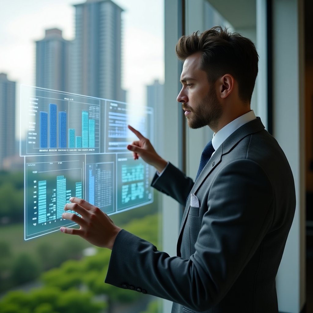 (Ultra-realistic condominium manager in a charcoal gray tailored suit, set in a modern luxury condominium environment with high-rise buildings and lush green landscaping, reviewing digital financial reports on a transparent holographic display, pointing confidently at floating bar charts and pie charts, cinematic lighting, shallow depth of field, highly detailed textures, realistic skin, photographic realism, 8k resolution --ar 1:1 --v 6)