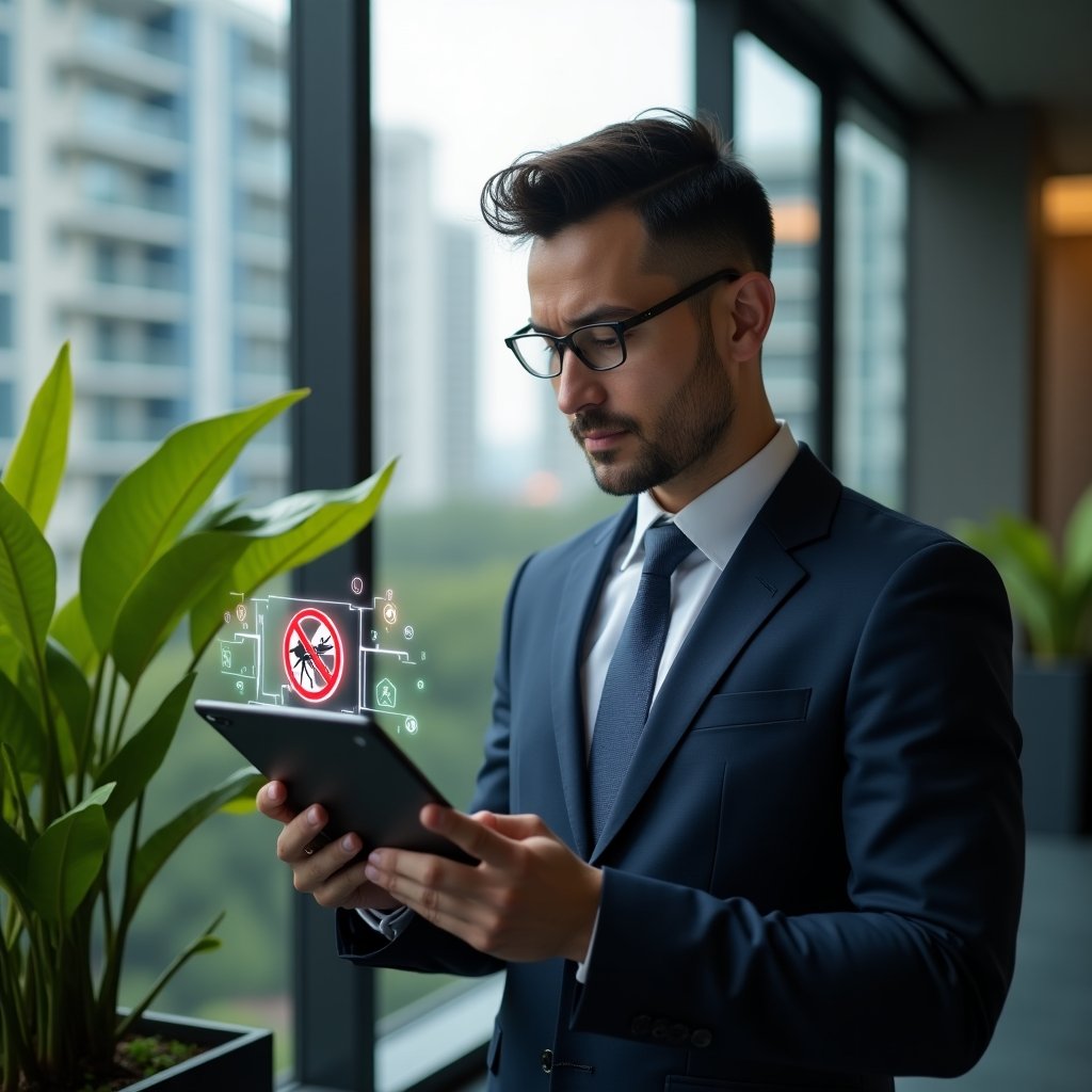 Ultra-realistic condominium manager in a navy suit, set in a modern luxury condominium environment with high-rise buildings and green landscaping, inspecting a potted plant while holding a tablet displaying a holographic mosquito icon with a red no-entry symbol and floating alert icons, focused and determined expression, cinematic lighting, shallow depth of field, highly detailed textures, realistic skin, photographic realism, 8k resolution --ar 1:1 --v 6