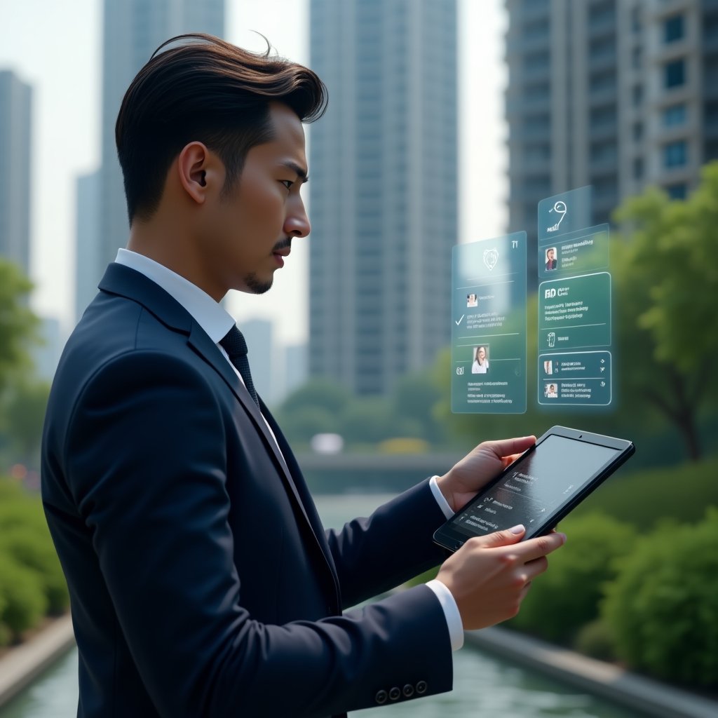 Ultra-realistic condominium manager in a navy blue business suit, set in a modern luxury condominium environment with high-rise buildings and lush green landscaping, reviewing candidate profiles on a digital tablet with floating holographic CV icons and checkmarks, confident and focused expression, cinematic lighting, shallow depth of field, highly detailed textures, realistic skin, photographic realism, 8k resolution --ar 1:1 --v 6