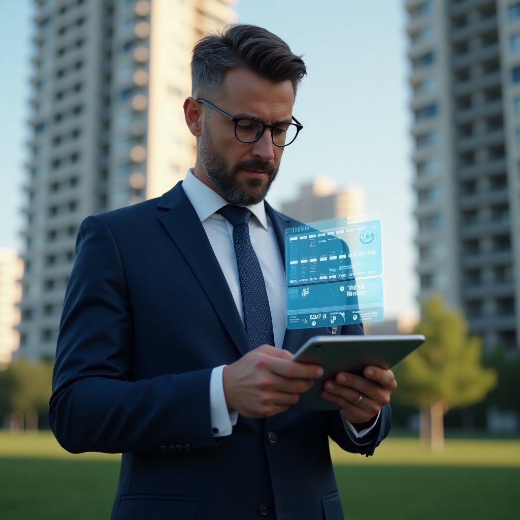 (Ultra-realistic condominium manager in a navy blue executive suit, set in a modern luxury condominium environment with high-rise buildings and green landscaping, medium shot of the manager holding a tablet and analyzing a holographic maintenance schedule, floating calendar and gear icons representing preventive maintenance, confident and focused expression, cinematic lighting, shallow depth of field, highly detailed textures, realistic skin, photographic realism, 8k resolution --ar 1:1 --v 6)