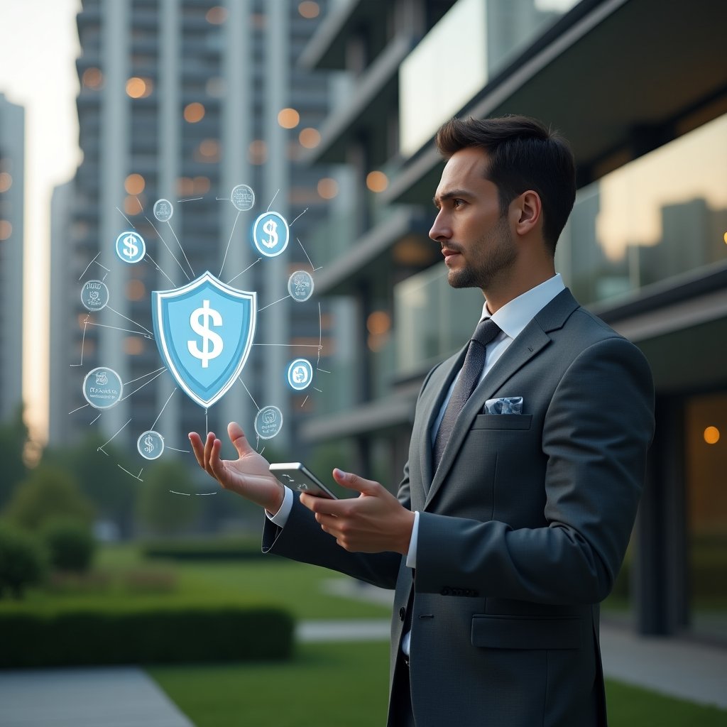 (Ultra-realistic condominium manager in a charcoal gray executive suit, set in a modern luxury condominium environment with high-rise buildings and manicured greenery, standing confidently while reviewing a holographic financial dashboard illustrating a robust reserve fund with floating coin and shield icons, cinematic lighting, shallow depth of field, highly detailed textures, realistic skin, photographic realism, 8k resolution --ar 1:1 --v 6)