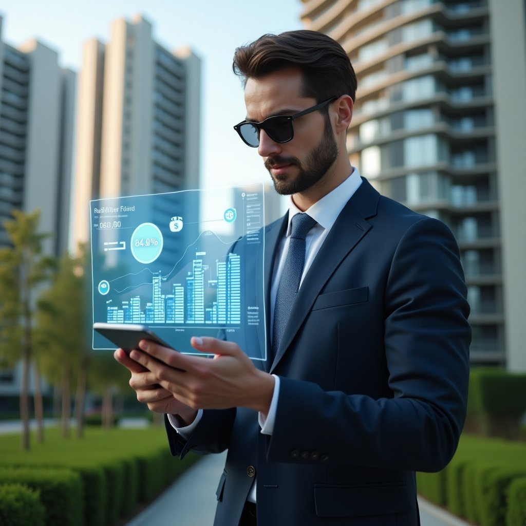 (Ultra-realistic condominium manager in a tailored navy business suit, set in a modern luxury condominium environment with high-rise buildings and manicured green landscaping, mid-shot confidently reviewing a holographic financial dashboard displaying reserve fund projections on a floating transparent screen, with a digital piggy bank icon and budget planning symbols around, cinematic lighting, shallow depth of field, highly detailed textures, realistic skin, photographic realism, 8k resolution --ar 1:1 --v 6)