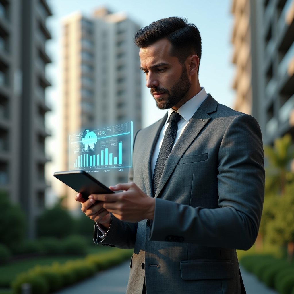 Ultra-realistic condominium manager in a tailored gray suit, set in a modern luxury condominium environment with high-rise buildings and lush green landscaping, confidently reviewing a holographic financial dashboard of reserve funds on a tablet, with floating piggy bank and bar graph icons symbolizing strategic budgeting, cinematic lighting, shallow depth of field, highly detailed textures, realistic skin, photographic realism, 8k resolution --ar 1:1 --v 6