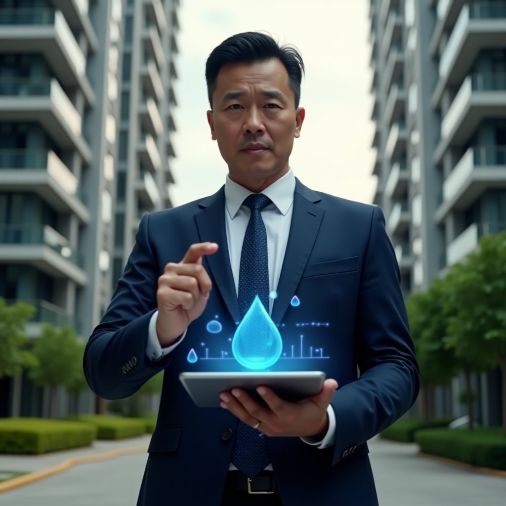 Ultra-realistic condominium manager in a tailored navy suit, set in a modern luxury condominium environment with high-rise buildings and manicured green landscaping, holding a tablet displaying water usage analytics and pointing at a holographic water droplet icon, confident and thoughtful expression, cinematic lighting, shallow depth of field, highly detailed textures, realistic skin, photographic realism, 8k resolution --ar 1:1 --v 6