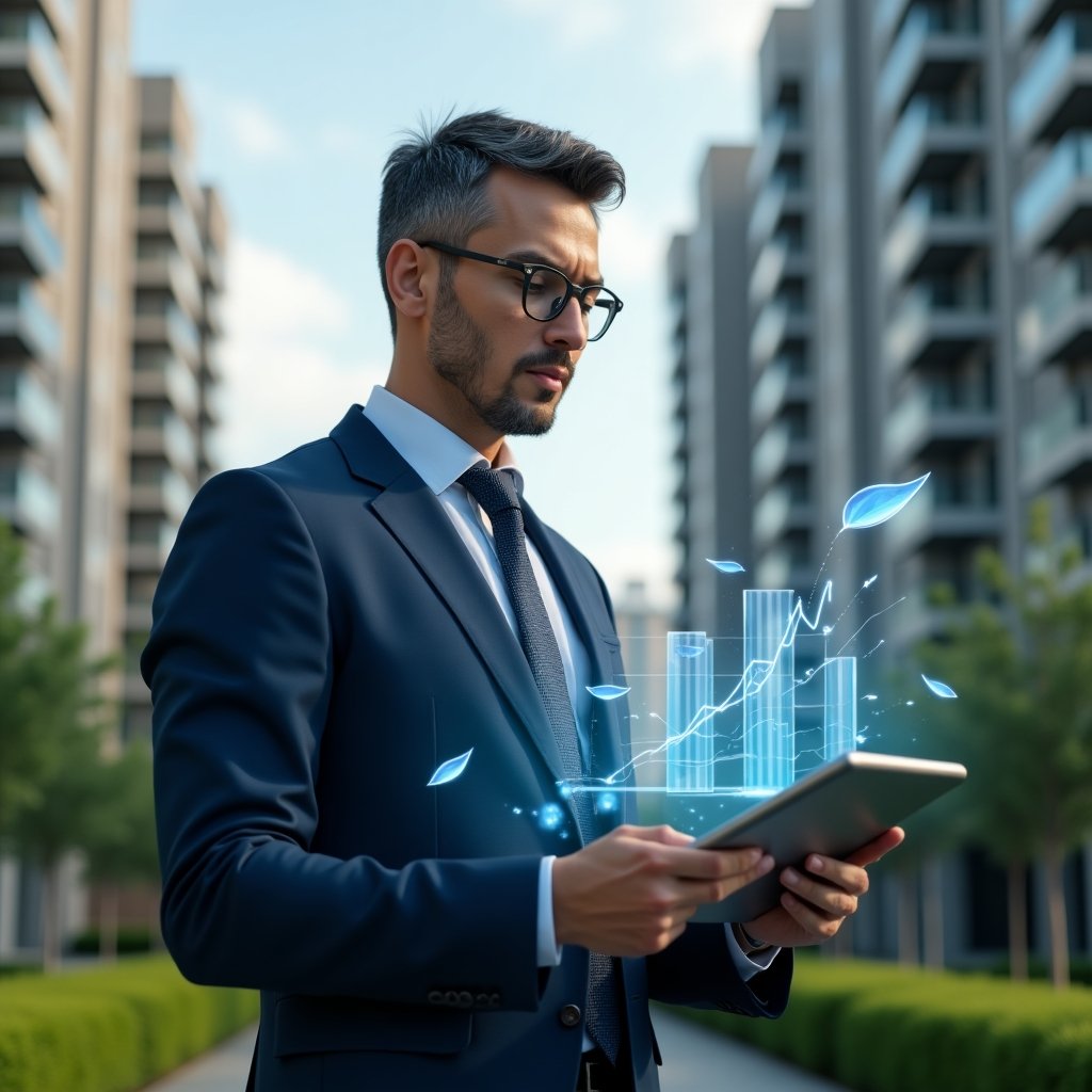 (Ultra-realistic condominium manager in a navy-blue executive suit, set in a modern luxury condominium environment with high-rise buildings and manicured green landscaping, holding a tablet displaying holographic water consumption charts, analyzing data with a confident expression, surrounded by floating water droplet and leaf holograms, cinematic lighting, shallow depth of field, highly detailed textures, realistic skin, photographic realism, 8k resolution --ar 1:1 --v 6)