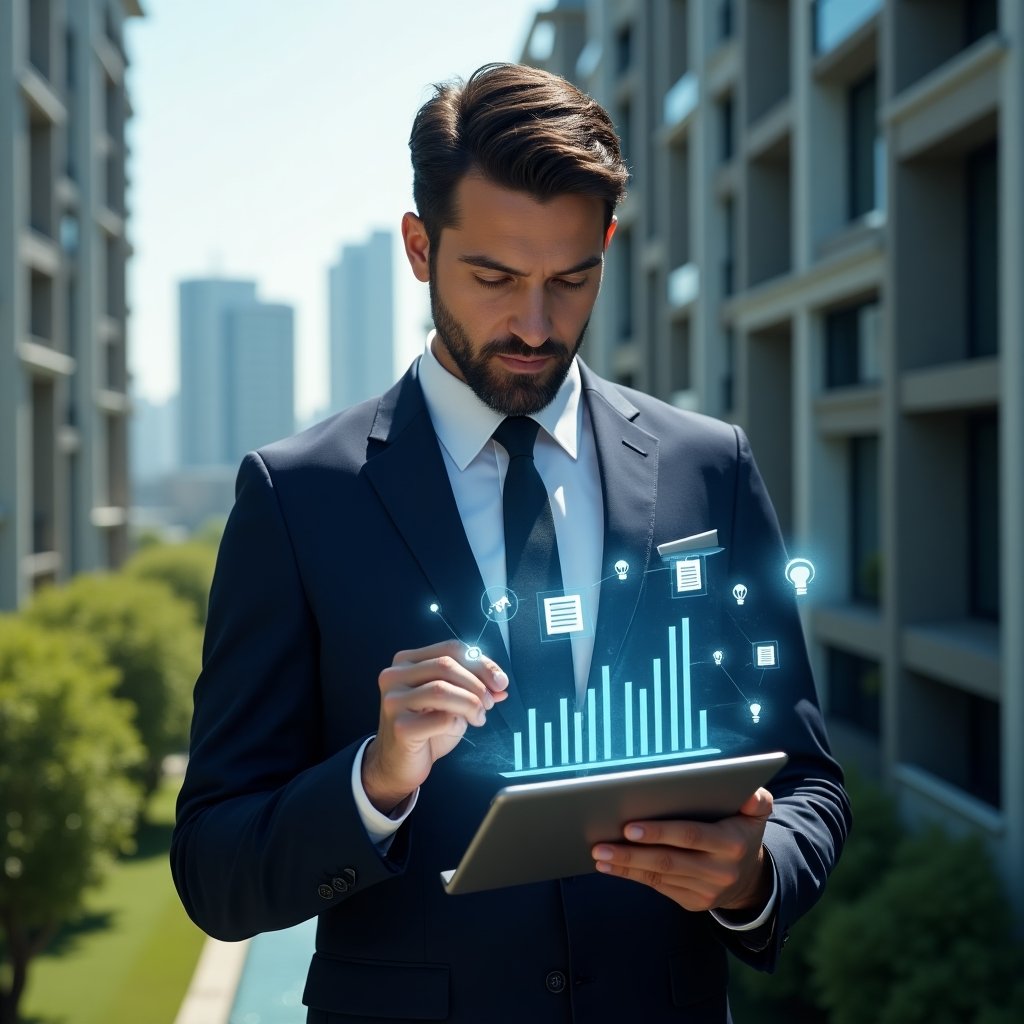 Ultra-realistic condominium manager in a tailored navy suit, set in a modern luxury condominium environment with high-rise buildings and lush green landscaping, confidently reviewing a holographic financial chart projected from a tablet, surrounded by floating icons of contract documents, LED lightbulbs and water droplets symbolizing savings, cinematic lighting, shallow depth of field, highly detailed textures, realistic skin, photographic realism, 8k resolution --ar 1:1 --v 6