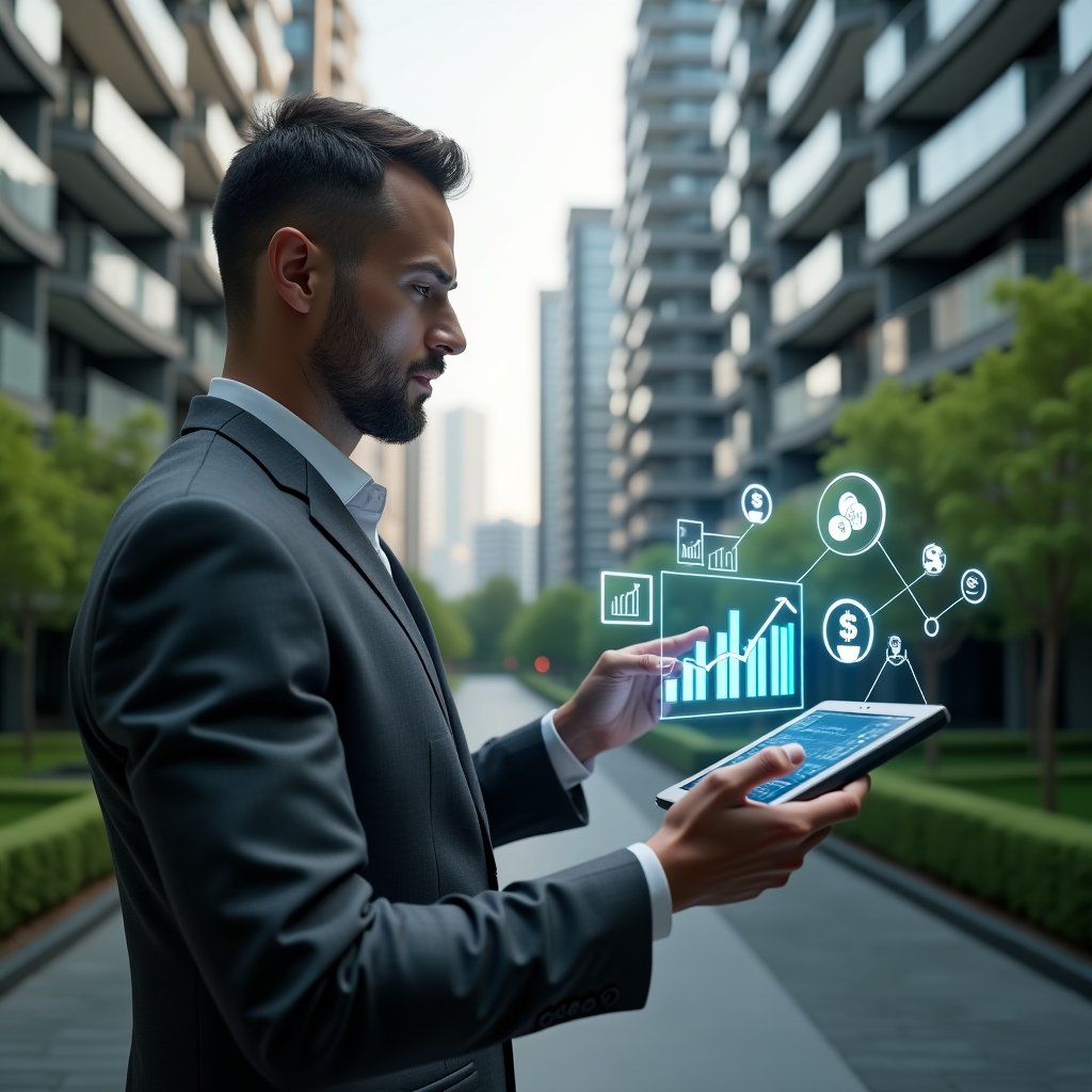 Ultra-realistic condominium manager in a charcoal gray suit, set in a modern luxury condominium environment with high-rise buildings and manicured green landscaping, medium shot holding a tablet displaying bar charts and floating holographic icons of coins and graphs, pointing thoughtfully at the data to symbolize cost savings and quality optimization, cinematic lighting, shallow depth of field, highly detailed textures, realistic skin, photographic realism, 8k resolution --ar 1:1 --v 6