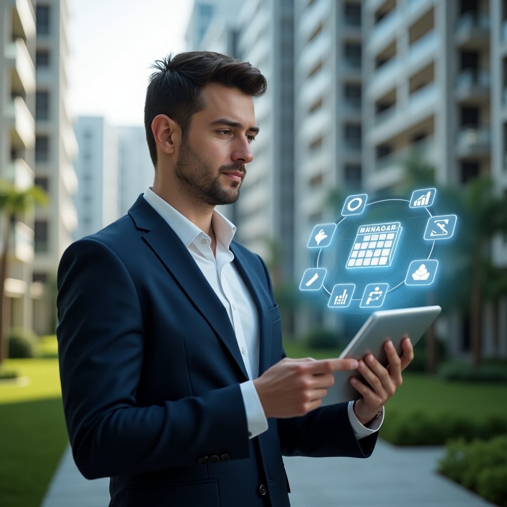 (Ultra-realistic condominium manager in a navy tailored suit, set in a modern luxury condominium environment with sleek high-rise buildings and lush green landscaping, confidently holding a transparent tablet and gesturing to a holographic activity schedule with floating calendar icons and checkmarks, conveying engagement and leadership, cinematic lighting, shallow depth of field, highly detailed textures, realistic skin, photographic realism, 8k resolution --ar 1:1 --v 6)