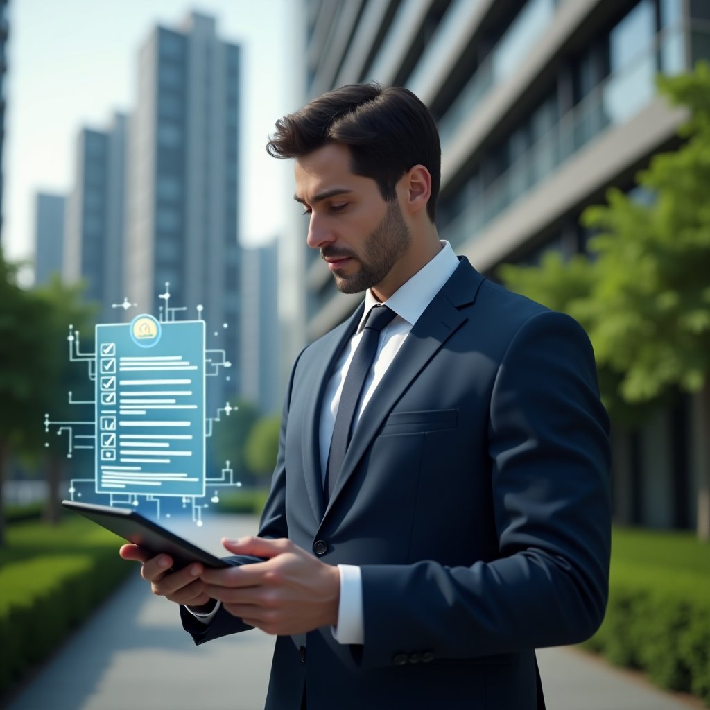 Ultra-realistic condominium manager in a navy business suit, set in a modern luxury condominium environment with high-rise buildings and manicured green landscaping, reviewing a holographic checklist of regulations projected from a tablet, looking thoughtful and confident, with floating rulebook icon, cinematic lighting, shallow depth of field, highly detailed textures, realistic skin, photographic realism, 8k resolution --ar 1:1 --v 6