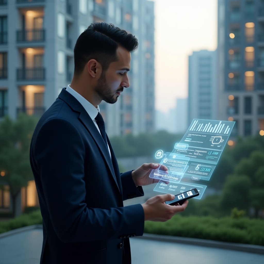 Ultra-realistic condominium manager in a dark blue tailored suit, set in a modern luxury condominium environment with high-rise buildings and green landscaping, medium shot of a confident property manager analyzing a holographic financial report with floating charts and receipts, digital checklist icons and a smartphone hologram beside them, cinematic lighting, shallow depth of field, highly detailed textures, realistic skin, photographic realism, 8k resolution --ar 1:1 --v 6