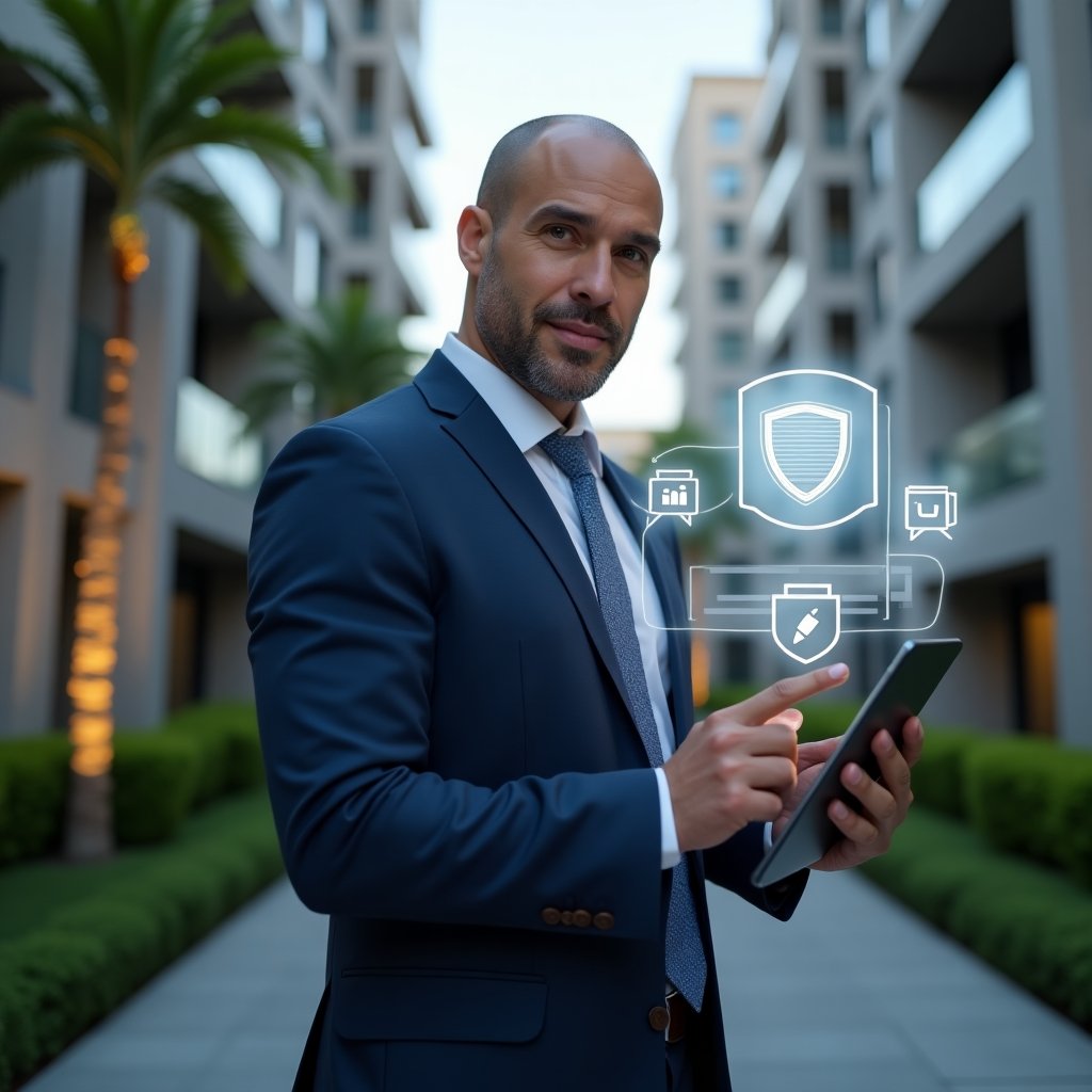 (Ultra-realistic condominium manager in a navy blue tailored suit, set in a modern luxury condominium environment with high-rise buildings and well-manicured green landscaping, holding a tablet and gesturing toward floating holographic chat bubbles and a shield icon symbolizing order, confident and focused expression, cinematic lighting, shallow depth of field, highly detailed textures, realistic skin, photographic realism, 8k resolution --ar 1:1 --v 6)