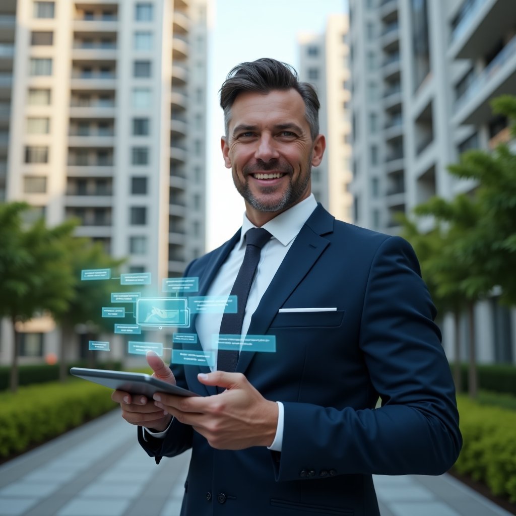 Ultra-realistic condominium manager in a navy suit, set in a modern luxury condominium environment with high-rise buildings and green landscaping, holding a tablet displaying chat bubble notifications and pointing at a holographic app interface symbolizing conflict resolution and community communication, confident expression, cinematic lighting, shallow depth of field, highly detailed textures, realistic skin, photographic realism, 8k resolution --ar 1:1 --v 6