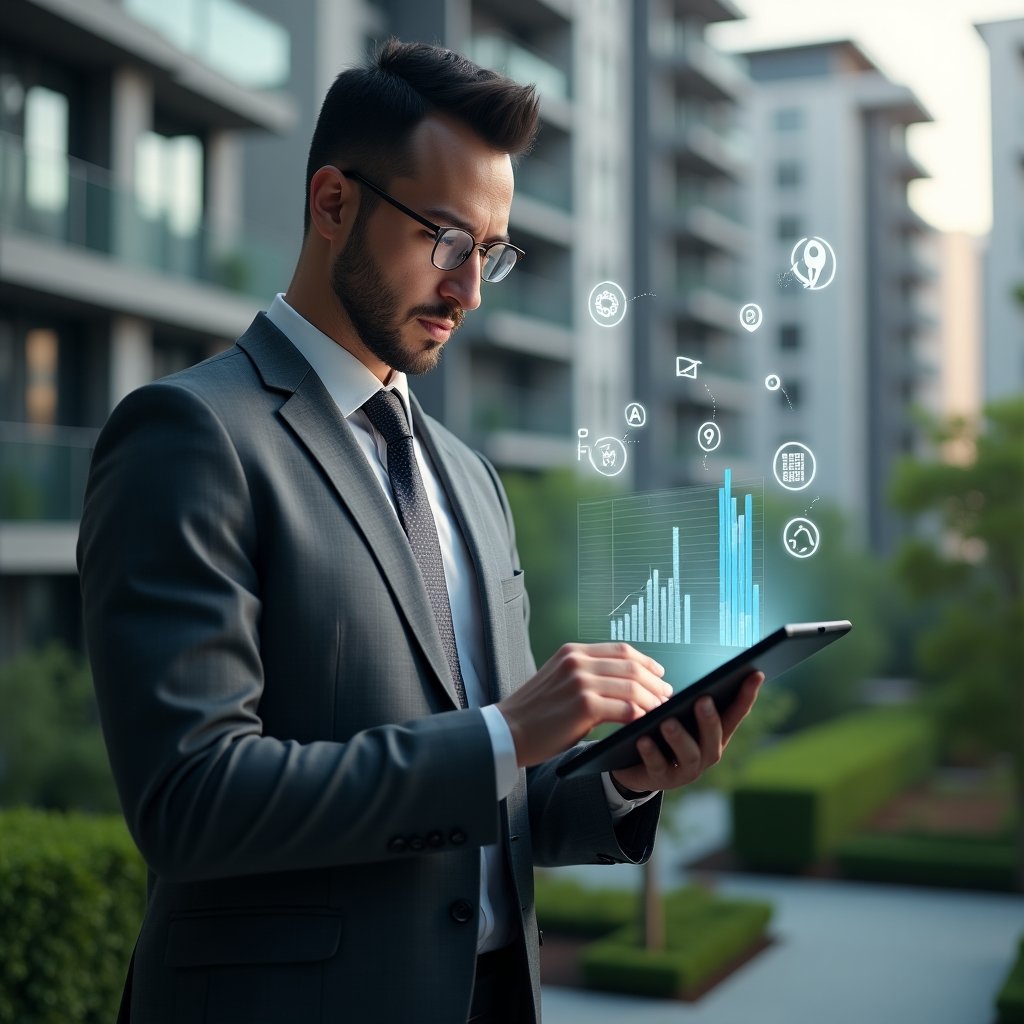 (Ultra-realistic condominium manager in a charcoal gray suit, set in a modern luxury condominium environment with high-rise buildings and well-manicured green landscaping, medium shot focusing on the manager analyzing financial charts on a tablet with floating holographic icons of transparency, communication, and automation around them, confident and thoughtful expression, cinematic lighting, shallow depth of field, highly detailed textures, realistic skin, photographic realism, 8k resolution --ar 1:1 --v 6)