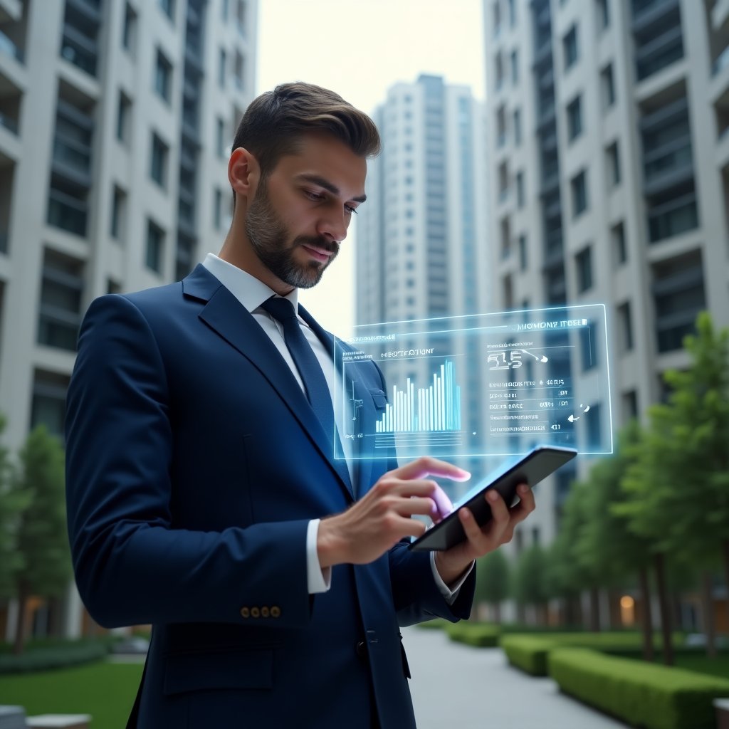 (Ultra-realistic condominium manager in a navy-blue suit, set in a modern luxury condominium environment with high-rise buildings and green landscaping, holding a digital tablet displaying holographic expense charts and comparing supplier quotes while negotiating on a smartphone, holographic cost-reduction arrows floating nearby, cinematic lighting, shallow depth of field, highly detailed textures, realistic skin, photographic realism, 8k resolution --ar 1:1 --v 6)
