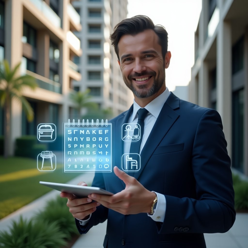 Ultra-realistic property manager in a navy suit, set in a modern luxury condominium environment with high-rise buildings and green landscaping, holding a tablet displaying a digital reservation calendar and tapping a time slot with a confident smile, holographic icons of pool, barbecue and lounge floating beside him, cinematic lighting, shallow depth of field, highly detailed textures, realistic skin, photographic realism, 8k resolution --ar 1:1 --v 6