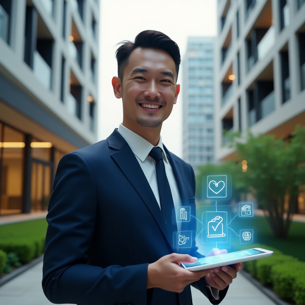 Ultra-realistic condominium manager in a tailored navy suit, set in a modern luxury condominium environment with high-rise buildings and manicured green landscaping, holding a digital tablet projecting a holographic list of seven golden rules for harmonious living, with floating icons of handshake, peace dove, and calendar, confident and friendly expression, cinematic lighting, shallow depth of field, highly detailed textures, realistic skin, photographic realism, 8k resolution --ar 1:1 --v 6