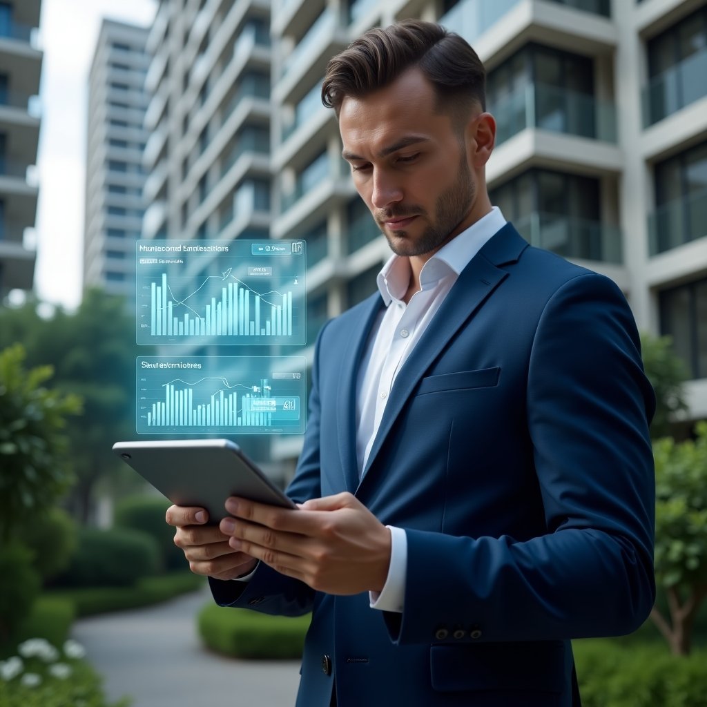 (Ultra-realistic condominium manager in a navy blue suit, set in a modern luxury condominium environment with high-rise buildings and lush green landscaping, holding a tablet displaying holographic delinquency rate charts and payment reminders, reviewing financial data with a focused and confident expression, floating holographic app icons representing a condo management app and digital billing tools, cinematic lighting, shallow depth of field, highly detailed textures, realistic skin, photographic realism, 8k resolution --ar 1:1 --v 6)