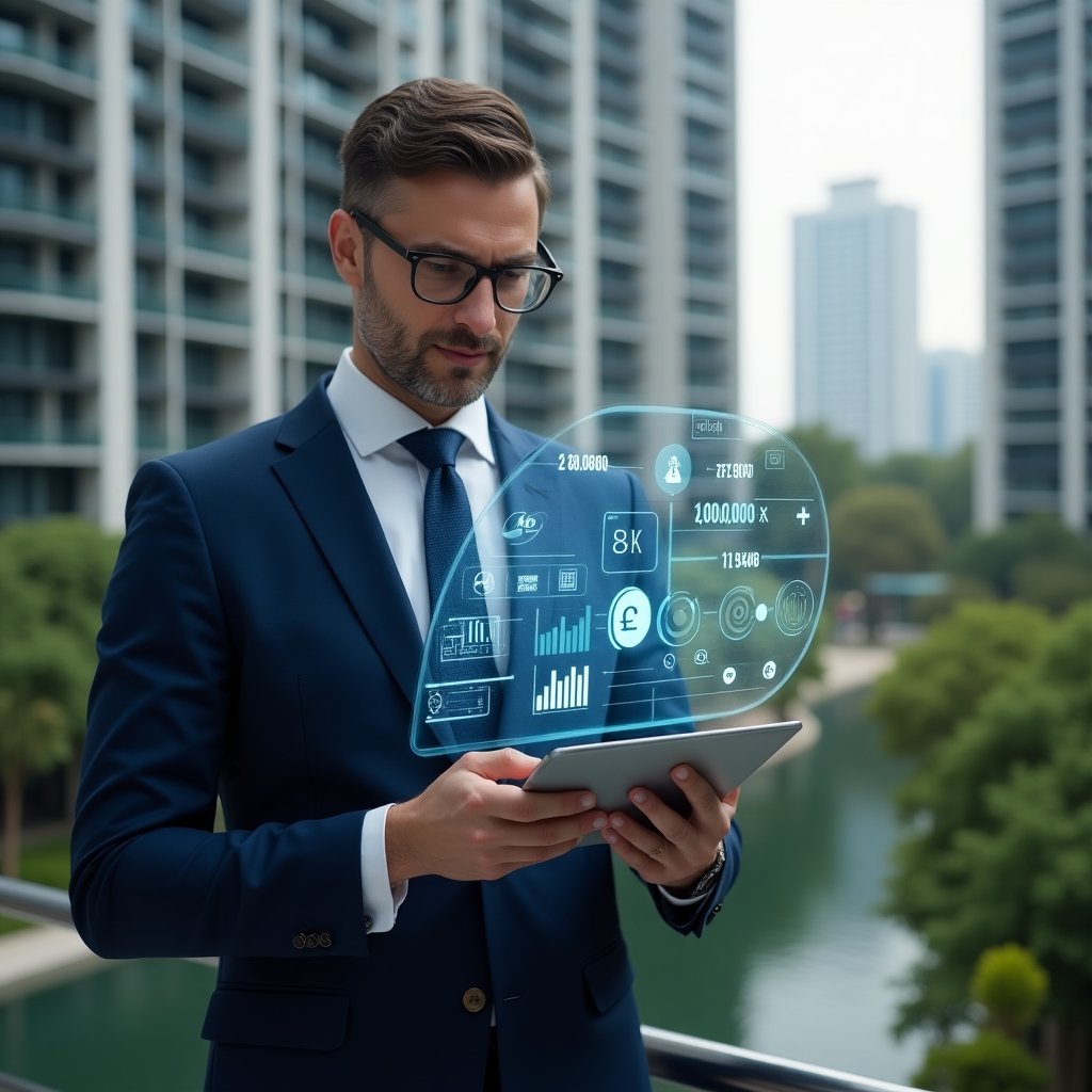 Ultra-realistic condominium manager in a navy blue suit, set in a modern luxury condominium environment with high-rise buildings and green landscaping, holding a tablet displaying holographic financial charts and graphs, surrounded by floating icons of cost reduction and analytics, confident and focused expression, cinematic lighting, shallow depth of field, highly detailed textures, realistic skin, photographic realism, 8k resolution --ar 1:1 --v 6