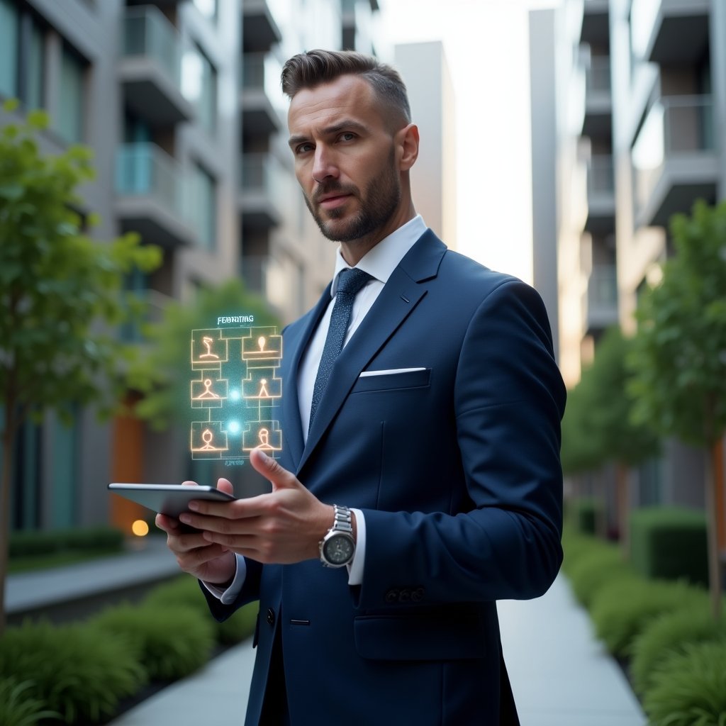 (Ultra-realistic condominium manager (syndic) in a tailored navy blue suit, set in a modern luxury condominium environment with high-rise buildings and lush green landscaping, medium shot of a confident manager holding a tablet displaying holographic community engagement icons and app interface, gesturing as if addressing residents, cinematic lighting, shallow depth of field, highly detailed textures, realistic skin, photographic realism, 8k resolution --ar 1:1 --v 6)