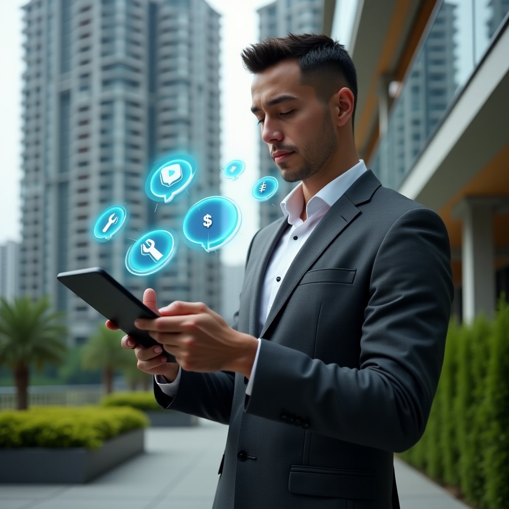 Ultra-realistic condominium manager in a charcoal gray tailored suit, set in a modern luxury condominium environment with high-rise buildings and manicured green landscaping, confidently holding a digital tablet displaying floating holographic icons of chat bubbles, currency symbols and a wrench, medium shot with focus on interactive pose, cinematic lighting, shallow depth of field, highly detailed textures, realistic skin, photographic realism, 8k resolution --ar 1:1 --v 6