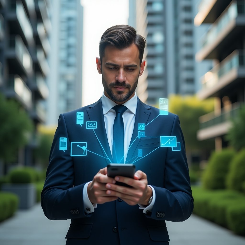 Ultra-realistic condominium manager in a navy suit, set in a modern luxury condominium environment with high-rise buildings and green landscaping, holding a smartphone displaying a digital dashboard of an innovative property management app, interacting with floating holographic icons of invoices, chat messages and transparency graphs, confident expression, cinematic lighting, shallow depth of field, highly detailed textures, realistic skin, photographic realism, 8k resolution --ar 1:1 --v 6