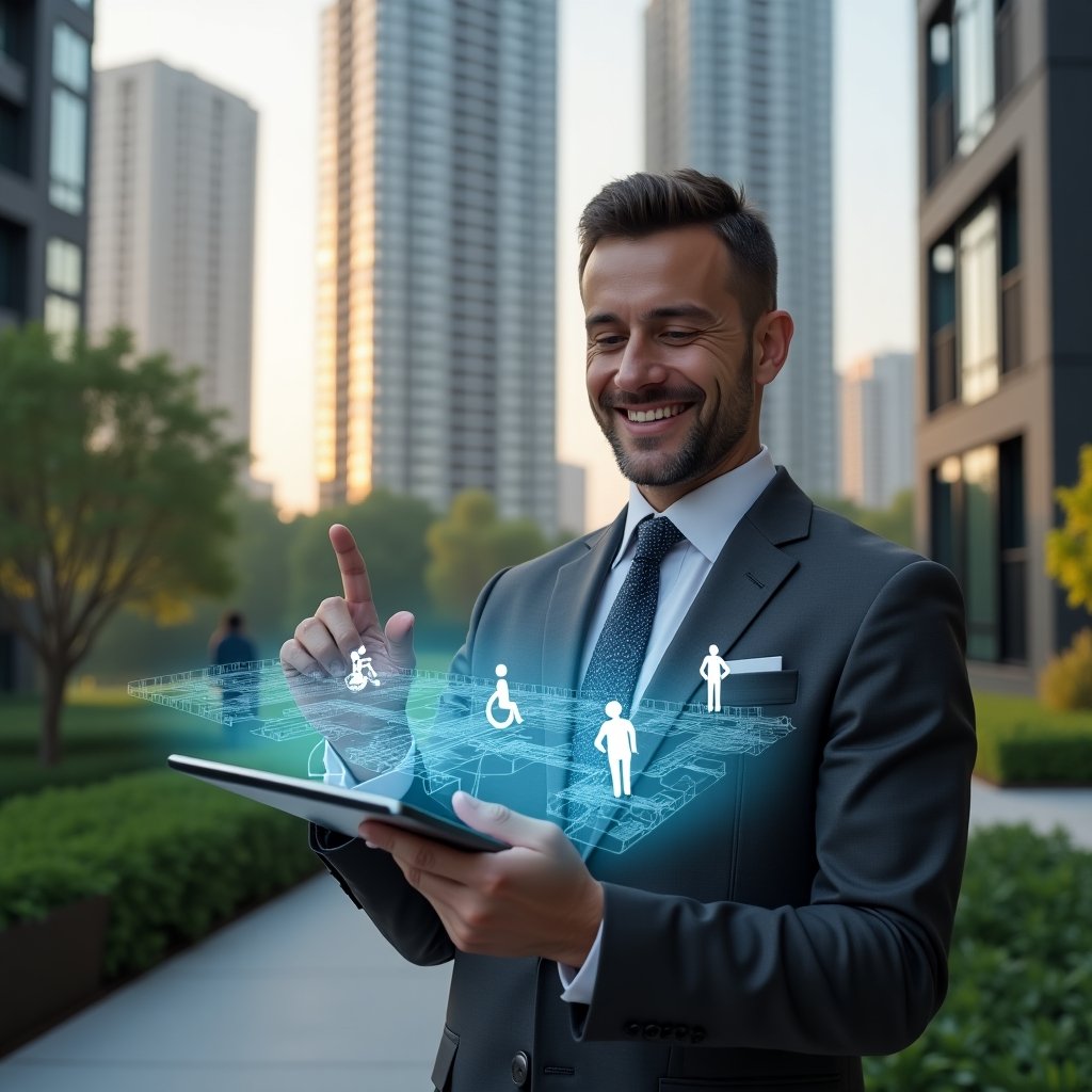 (Ultra-realistic condominium manager in a charcoal gray suit, set in a modern luxury condominium environment with high-rise buildings and green landscaping, holding a digital tablet displaying an interactive accessibility blueprint with holographic icons for ramps, tactile paths and elevators, confidently smiling while pointing at the map, cinematic lighting, shallow depth of field, highly detailed textures, realistic skin, photographic realism, 8k resolution --ar 1:1 --v 6)