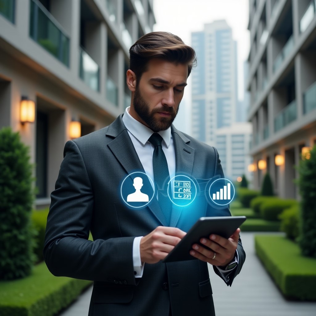 (Ultra-realistic property manager in a dark gray suit, set in a modern luxury condominium environment with high-rise buildings and lush green landscaping, reviewing a digital tablet with floating holographic icons of checklists, financial graphs and resident avatars, confident expression, cinematic lighting, shallow depth of field, highly detailed textures, realistic skin, photographic realism, 8k resolution --ar 1:1 --v 6)