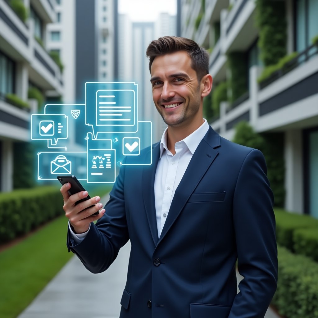 (Ultra-realistic condominium manager in a sleek navy suit, set in a modern luxury condominium environment with high-rise buildings and manicured green landscaping, holding a smartphone displaying a condo management app interface, surrounded by holographic chat bubbles and checkmark icons symbolizing clear communication and rule compliance, confident and approachable expression, cinematic lighting, shallow depth of field, highly detailed textures, realistic skin, photographic realism, 8k resolution --ar 1:1 --v 6)
