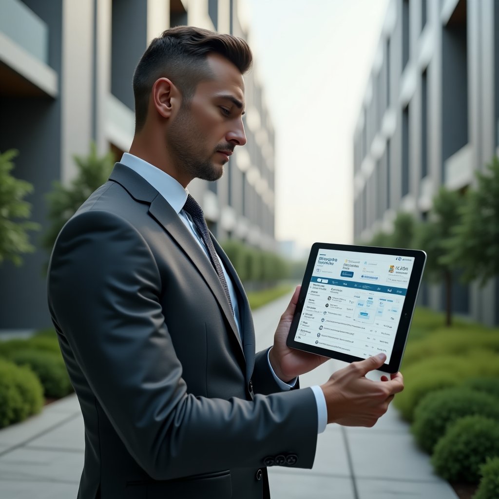Ultra-realistic property manager in a tailored charcoal gray suit, set in a modern luxury condominium environment with high-rise buildings and manicured green landscaping, holding a tablet displaying a holographic activity timeline and checklist icons, analyzing service schedules with a confident, focused expression, cinematic lighting, shallow depth of field, highly detailed textures, realistic skin, photographic realism, 8k resolution --ar 1:1 --v 6