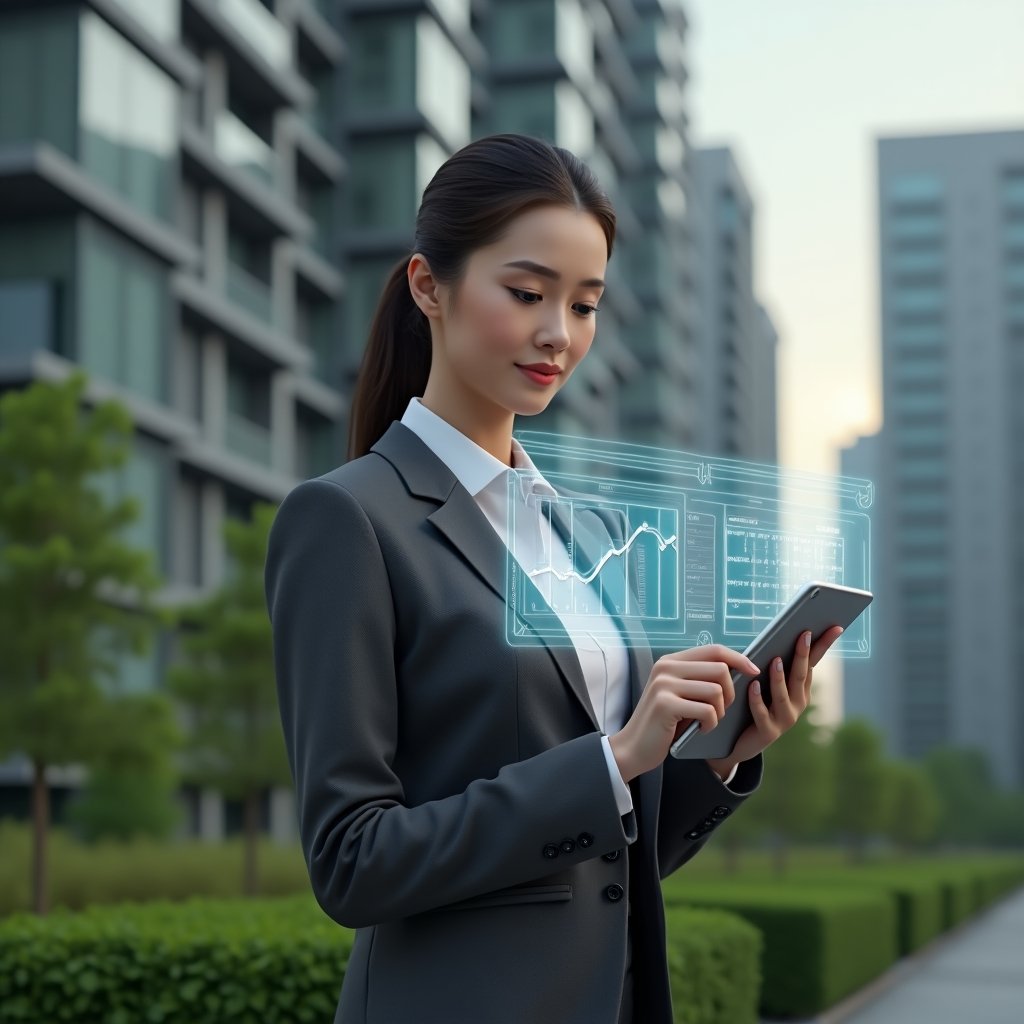 Ultra-realistic female condominium manager in a charcoal gray tailored suit, set in a modern luxury condominium environment with high-rise buildings and lush green landscaping, medium close-up shot of her holding a tablet projecting a holographic activity schedule and floating financial charts, confident and analytical expression, cinematic lighting, shallow depth of field, highly detailed textures, realistic skin, photographic realism, 8k resolution --ar 1:1 --v 6