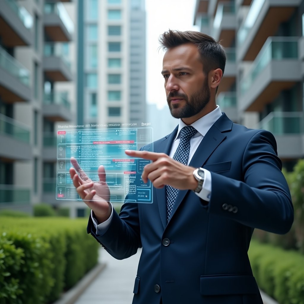 (Ultra-realistic property manager in a navy blue suit, set in a modern luxury condominium environment with high-rise buildings and lush green landscaping, confidently interacting with a floating holographic calendar interface displaying color-coded tasks and schedules, pointing at maintenance and meeting icons, cinematic lighting, shallow depth of field, highly detailed textures, realistic skin, photographic realism, 8k resolution --ar 1:1 --v 6)