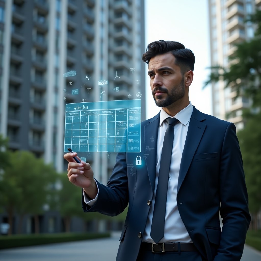 Ultra-realistic condominium manager in tailored navy suit, set in a modern luxury condominium environment with high-rise glass buildings and manicured gardens, reviewing a floating holographic annual schedule with a stylus, holographic icons of maintenance tasks and notifications orbiting around, confident and focused expression, cinematic lighting, shallow depth of field, highly detailed textures, realistic skin, photographic realism, 8k resolution --ar 1:1 --v 6