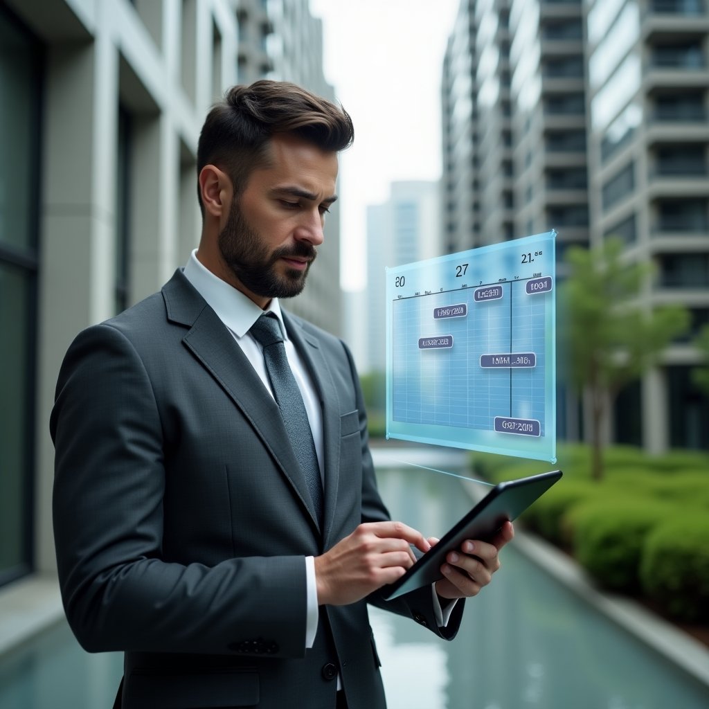 (Ultra-realistic condominium manager in a charcoal gray executive suit, set in a modern luxury condominium environment with sleek high-rise buildings and manicured green landscaping, holding a tablet projecting a holographic timeline calendar with floating task icons and countdown timers, focused and confident expression, cinematic lighting, shallow depth of field, highly detailed textures, realistic skin, photographic realism, 8k resolution --ar 1:1 --v 6)