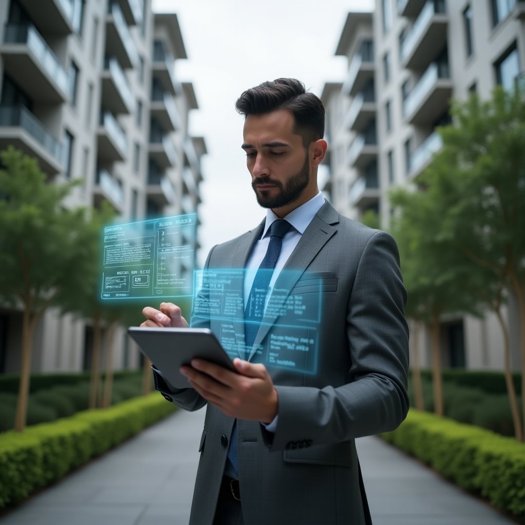 Ultra-realistic condominium manager in a tailored gray suit, set in a modern luxury condominium environment with high-rise buildings and manicured green landscaping, examining a holographic digital schedule projected from a tablet, surrounded by floating calendar and notification icons, confident and focused expression, cinematic lighting, shallow depth of field, highly detailed textures, realistic skin, photographic realism, 8k resolution --ar 1:1 --v 6
